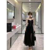 yipinpay Summer Women's Black Dress Lace Fashion Gauze Skirt Puffy Party Dress Backless Prom French Vintage Long Dresses for Women