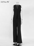 Yipinpay Elegant Office 2 Pieces Sets Black Cotton Linen V-Neck Sleeveless Vest Outfit Summer High Waist Wide Leg Pants Sets
