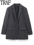 Yipinpay Striped Long Blazer Women Grey Fashion Woman Blazer 2023 Casual Long Sleeve Elegant Womens Jackets Office Female Suit