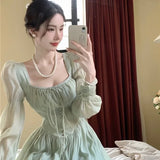 Yipinpay Elegant Lantern Sleeve Lace Up Midi Chiffon Dress Autumn and Spring Women Square Neck Evening Party Prom Robe Female