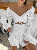 Yipinpay Sexy Women Jacquard White Dress Ruched Ruffled A-Line Lace Boho Dress Autumn 2023 Hollow Out Mini Dress Beach Style