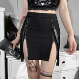 Yipinpay Y2k Women's Sexy Skirt Black Slim Fit Grunge High Slit A-Line Emo Party Dress Double Zip Pack Hip Slit Skirt