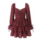 Yipinpay 2024 Women Front Lacing Up Wine Red Floral Print Dress Vintage Puff Sleeve Layered Ruffle Hem Cake Mini Dress Holiday