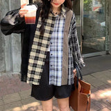 Yipinpay Vintage Patchwork Plaid Shirt Women Cardigan Top Grunge Korean Style Long Sleeve Loose Button Up Shirt Casual Streetwear