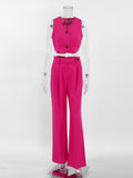Yipinpay Elegant 2 Pieces Sets Blazer Suits V-Neck Sleeveless Button Vest Outfit Summer High Waist Wide Trousers Suits Office