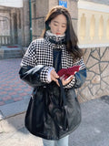 Yipinpay Plush High Neck Black Houndstooth Jacket Femme Faux Leather PU Loose Checkerboard Coat Winter Clothes Y2k Parkas