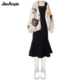 Yipinpay Autumn/Winter New Loose Knitted Sweater+Black Dress Two Piece Women's Korean Elegant Cardigan Sling Skirt Matching Set