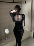 Yipinpay Vintage Elegant Dresses Women Lace Ruffles Patchwork Velvet Long Sleeve Slim Stretch Split Temperament Dress Ladies Black