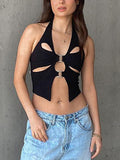 Yipinpay Punk Style Black Halterneck Tie-Up Vest Tops Women Sexy Sleeveless Backless Hollowed Out Crop Tops Grunge Street Tanks