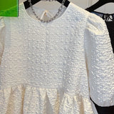 Yipinpay Casual Ruffled Hem Puff Sleeve Pleated Chiffon Top Women Summer Short Sleeve Doll Shirt 2023 White Blusas Mujer elegantes