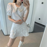 Yipinpay Vintage Elegant High Waist Slim Temperament Black Pearl Lapel Puff Sleeve Dress Women Short Jacquard Floral Print Sexy