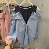 Yipinpay Shirts for Women Blusas Mujer Fake Two Shirt Loose Long Sleeve Off Shoulder Top Femininas Elegantes Spring T-shirts Pink