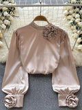 Yipinpay French Senior Satin Loose Shirt Women Elegant Long Sleeve 3D Flower Spring Top Fashion Single Breasted Solid OL Blouse