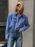 Yipinpay Long Sleeves Stripe Shirts Woman Fashion Office Ladies Blue Lapel Blouses With Shoulder Pads Streak Chic Tops 2023