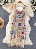 Yipinpay 2024 Sunmmer Knitted Dress Hook Flower Hollow Out Tassel Women Slim Streetwear Original Design Fashion Vintage Dress