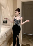 Yipinpay Temperament Dresses Women Sleeveless Velvet Patchwork Butterfly Backless Slim Split Mermaid Dress Sexy Elegant Party