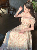 Yipinpay French Elegant Floral Midi Dress Beach Vintage Puff Sleeve Dress Women Party One Piece Dress Korean Fashion Summer 2023