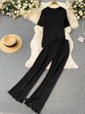 Yipinpay Pleated Fashion Solid Set Women Loose O Neck Tops Elastic Waist Split Wide Leg Long Pants Ladies Elegant Two Piece Set