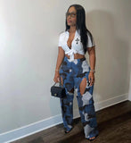 Yipinpay street casual digital printed Cargo straight-leg pants women fashion Street hipster hollow camouflage trousers