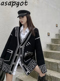 Yipinpay Temperament Loose V Neck Graffiti Cardigan Knitted Jacket Long Autumn Winter Knitted Sweaters Tops Fashion Casual Pull