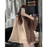 Yipinpay Sunscreen Top Contrast V-neck Chiffon Shirt Women Vintage Blusas Mujer Loose Flare Sleeve Blouse Bandage Suits Tops