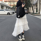 Yipinpay Black Long Skirts Women Gothic High Low Ruched Ruffle High Waist Asymmetrical Midi Skirt Korean Fashion Fairy Grunge