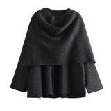 Yipinpay Women Dark Gray Asymmetrical Scarf Crop Knit Coat Vintage Oversize Female Winter Warm Outerwear