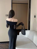 Yipinpay Woman Dress Sexy Slash Neck Long Sleeve Off Shoulder Autumn French Style Chic Split Slim Stretch Ruffles Elegant Dresses