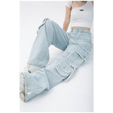 yipinpay Women's Straight Cargo Jeans High Waist American Streetwear Vintage Pants Chic Design Casual Ladies Denim Wide Leg Trouser