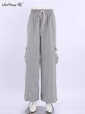 Yipinpay Street Style Khaki Parachute Pants Women Pleated High Waist Pockets Cargo Pants Casual Drawstring Trousers Gray 2023