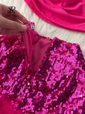 Yipinpay Hotsweet Women Fashion Suits Diagonal Collar Slim Tops+Mini Sequins Fur Skirt New Ins Club Party Sexy Two Pieces Sets