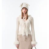 yipinpay Women's Clothes Khaki Cardigan Sweater V-neck Tassels Splicing Outerwear Fashion Vintage Leisure Winter Knitting Drawstring Coat