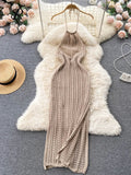 Yipinpay Sexy Backless Knitted Dress Women Halter Sleeveless Hollow Out Split Sundress Korean Vacation Knit Beach Long Dress