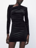 Yipinpay 2023 Autumn Ladies Velvet Mini Dresses Elegant Diagonal Collar Folds Dresses Vintage Simple Long Sleeve Vestidos