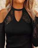 Yipinpay new fashion Casual sexy Tee Contrast Lace Cold Shoulder Long Sleeve Top fall outfits women t-shirts fashion woman blouses