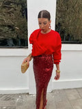 Yipinpay Bow Loose Pullover Women Elegant Red O-neck Long Sleeve Short Sweatershirts 2024 Spring Fashion Lady Casual Outwear Tops
