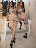 Yipinpay Simenual Sexy Clubwear 90s Rave Printed Mesh Women Two Piece Set Y2K Off Shoulder Bodysuit See Through Skinny Pants Co Ord Suits