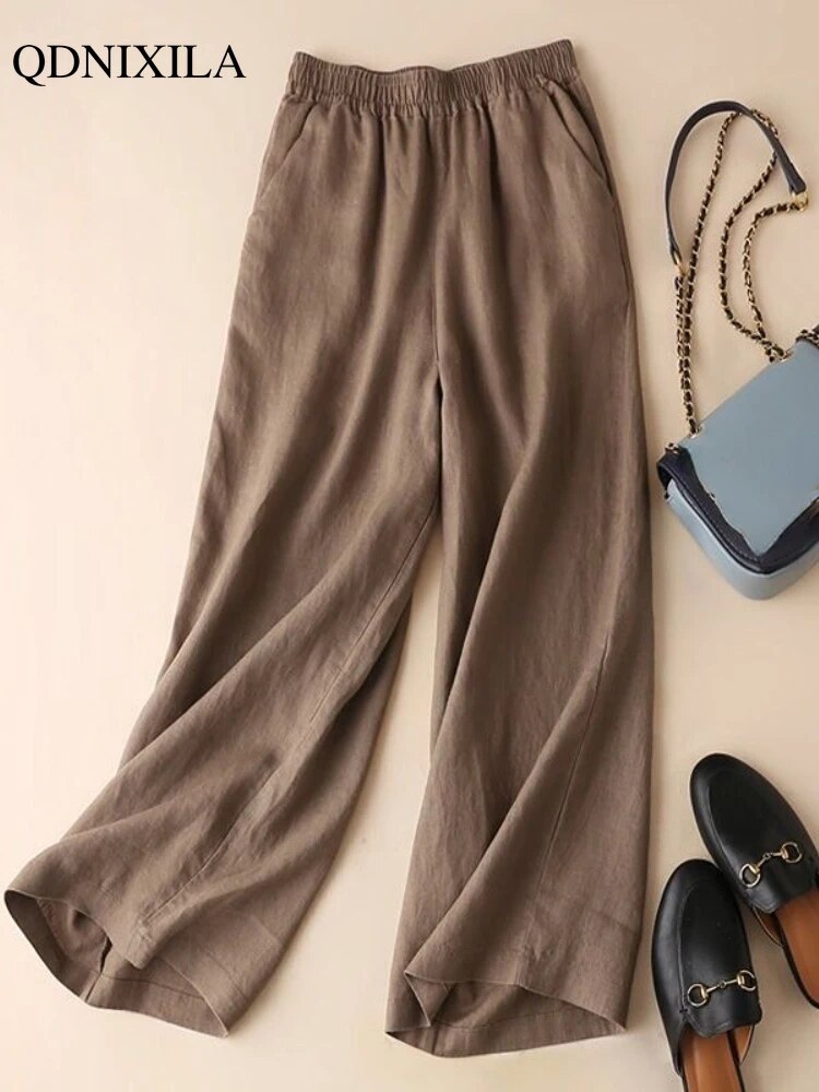 Yipinpay Summer Cotton Linen Women's Wide Leg Pants High Waist Solid Woman Capris Pants Saggy Casual Loose Oversize Flared Trousers