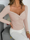 Yipinpay Solid Casual Women's Twist Knot Front V Neck Crop Sweater Knitwear Ladies 2024 Autumn Long Sleeve Knitted Pullover Tops