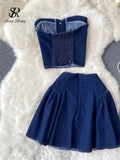 Yipinpay Summer Fashion Denim Two Pieces Suits Strapless Sexy Top+ Short A Line Skirt Streetwear Hotsweet Vintage Beach Sets