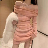 Yipinpay Slim Slash Off Shoulder Women's Long Sleeve Drawstring Pleated Hip Wrap Pink Mesh Dress Mini Party Prom Mini Evening Robe