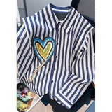 yipinpay Blue Stripe Shirt Women's Blouse Chic Embroidery Design Long Sleeves Casual Tops Fashion Vintage Button Femmes Shirts