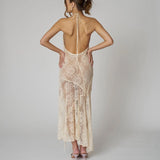 Yipinpay Sexy Women Lace Dresses Sleeveless Solid Color Hanging Neck Casual Party Spring Summer Split Dress Club Street Style Hot