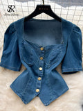 Yipinpay Fashion Denim Suits Cardigan Square Collar Short Sleeves Blouse+High Waist A Line Skirt Women Hotsweet Two Pieces Sets