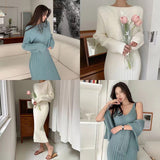 Yipinpay winter one shoulder Pullover long sleeve sweater with suspender slim knit dress two sets