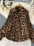 Yipinpay Leopard Vinage Casual Autumn Suits Loose Folds Lapel Blouse Tops+Wide Leg Long Pants Streetwear Women Two Pieces Suits