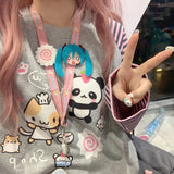 Yipinpay Pink Stripe Panda Print Raglan Sleeve Round Neck Women Tops Autumn/Winter Pullover Women Sweatshirt Loose Cute Girl Top