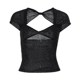 Yipinpay Sexy Low-cut V-neck T-shirts for Women Summer 2023 Irregular Back Hollow Out Backless Slim T-shirt Cropped Black Top