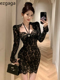 Yipinpay Woman Dress Lace Patchwork Long Sleeve Slash Neck Elegant Slim French Style Chic Party Clubwear Mini Dresses Ladies