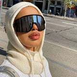 Yipinpay Women Y2K Retro Goth Hooded Scarf Hats Solid Color Knitted Pullover Drawstring Balaclava Winter Warm Hat Beanie Cap